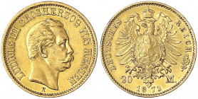 Hessen
Ludwig III., 1848-1877
20 Mark 1873 H. vorzüglich, min. Randfehler. Jaeger 214.