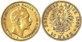 Preußen
Wilhelm II., 1888-1918
20 Mark 1888 A. 3 Kaiserjahr. sehr schön/vorzüglich, kl. Randfehler. Jaeger 250.