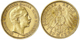 Preußen
Wilhelm II., 1888-1918
20 Mark 1910 J, Hamburg. vorzüglich, kl. Kratzer. Jaeger 252.