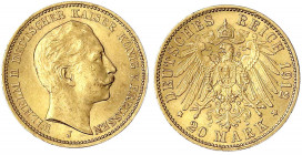 Preußen
Wilhelm II., 1888-1918
20 Mark 1912 J. Hamburg. vorzüglich/Stempelglanz, kl. Randfehler. Jaeger 252.