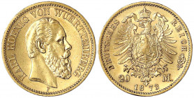 Württemberg
Karl, 1864-1891
20 Mark 1873 F. vorzüglich/Stempelglanz. Jaeger 290.