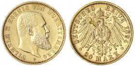 Württemberg
Wilhelm II., 1891-1918
20 Mark 1894 F. vorzüglich aus Erstabschlag/Polierte Platte. Jaeger 296.