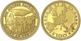 ECU- und Euro-Vorläufer, bis 2001
100 Euro (Medaille) 1997 auf die Helden an der Oder "Die grosse Flut". Rettungsaktion/Europakarte. 10,22 g. 999/100...