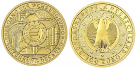 Euro, ab 2002
100 Euro 2002 F, Währungsunion. 1/2 Unze Feingold. In Originalschatulle, ohne Zertfikat. Stempelglanz. Jaeger 493.