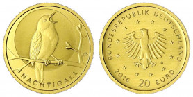Euro, ab 2002
20 Euro 2016 A. Heimische Vögel - Nachtigall. In Originalsammelschuber mit Zertifikat. 1/8 Unze Feingold. Stempelglanz. Jaeger 608.