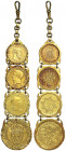 -1
Chatelaine, Gelbgold 585/1000 mit 4 eingesetzten Münzen: Preussen 10 Mark 1888 A Friedrich III., Italien Napoleon 20 Lire 1814 M, Hessen-Kassel Fr...