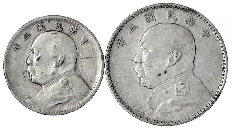 China
Republik, 1912-1949
2 Stück: 20 und 10 Cents Jahr 3 = 1914. beide sehr s...