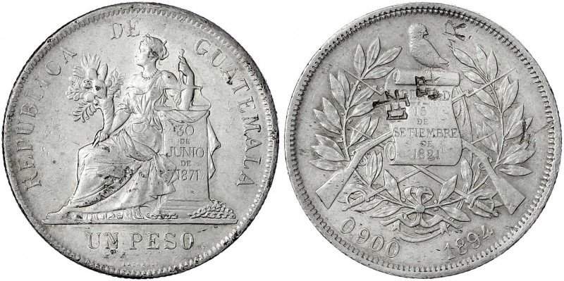 China
"Bang Yang"
Guatemala Peso 1894 mit div. chin. Chopmarks. sehr schön/vor...