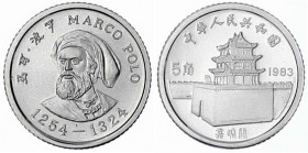 China
Volksrepublik, seit 1949
5 Jiao Marco Polo Silber 1983 Auflage nur 7000 Ex. In Kapsel. Polierte Platte. Krause/Mishler 65. Schön 52.