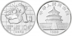China
Volksrepublik, seit 1949
10 Yuan Panda Silber (1 Unze) 1989. Panda mit Bambuszweig. In Kapsel. Stempelglanz. Krause/Mishler 222. Schön 215.