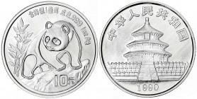 China
Volksrepublik, seit 1949
10 Yuan Panda Silber (1 Unze) 1990. Panda beim Besteigen eines Felsens. Large Date. In Kapsel. Stempelglanz. Krause/M...