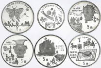 China
Volksrepublik, seit 1949
6 Stück: 5 X 5 Yuan Silber 1992. Erfindungen und Entdeckungen des Altertums 1. Ausgabe. Bronzezeitliches Metallhandwe...