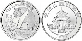 China
Volksrepublik, seit 1949
10 Yuan Panda Silber (1 Unze) 1993. Panda auf Felsen. Small Date. In Kapsel. Stempelglanz. Krause/Mishler 485. Schön ...