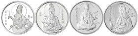 China
Volksrepublik, seit 1949
4 X 5 Yuan Silber (1/2 Unze) 1994 Guanyin. 2. Ausgabe. Guanyin mit neugeborenem Knaben, Guanyin auf Lotusblüte, Guany...
