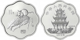 China
Volksrepublik, seit 1949
10 Yuan Silber (Wellenschnitt achtbogig) 1996 Jahr der Ratte. Ratte an Maiskolben. In Kapsel. Polierte Platte. Schön ...