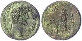 Kaiserzeit
Antoninus Pius, 138-161
As 140/144. Belorb. Kopf r./SALVS AVG SC. Salus steht l., füttert Schlange am Altar. 10,36 g. Stempelstellung 11 ...