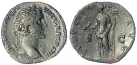 Kaiserzeit
Antoninus Pius, 138-161
Sesterz ca. 147. Belorb., halbdrap. Brb. r./FELICITAS AVG SC. Felicitas steht l. 24,75 g. Stempelstellung 12 h. g...