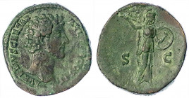 Kaiserzeit
Marcus Aurelius, 161-180
Sesterz, als Caesar 145. Barhäuptiger Kopf r./SC. Minerva steht r. 29,12 g. Stempelstellung 12 h. sehr schön/vor...