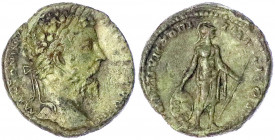 Kaiserzeit
Marcus Aurelius, 161-180
As 171/174. Belorb. Kopf r./MARTI VICTORI IMP VI COS III. Mars steht v.v, den Kopf r. gewandt, hält Schild, dara...