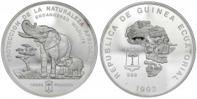 Äquatorialguinea
Republik, ab 1968
15000 Francos 1992 bedrohte Tierwelt. Elefanten. 1 Kilo Silber. In Echtholzschatulle. Polierte Platte. Krause/Mis...