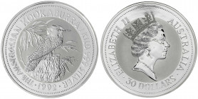 Australien
Elisabeth II., seit 1952
30 Dollars 1 Kilo Silbermünze Kookaburra 1992. Jägerlist auf Baumstumpf. In Kapsel. Stempelglanz. Schön 187. Yeo...