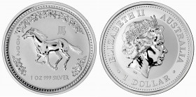 Australien
Elisabeth II., seit 1952
1 Dollar Silber (1 Unze) Jahr des Pferdes (Lunar-Serie I.) 2002. In Kapsel. Stempelglanz. Schön 693. Krause/Mish...