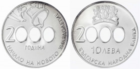 Bulgarien
Republik Bulgarien, seit 1991
10 Leva Silber 2000 Jahrtausendwende. Nullen der Jahreszahl als Löcher. Polierte Platte, etwas Patina, selte...