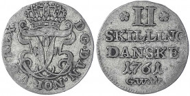 Dänemark
Frederik V., 1746-1766
II Skilling 1761 GWW. sehr schön. Hede 36C.