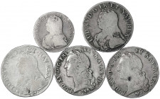Frankreich
Ludwig XV., 1715-1774
5 Silbermünzen: Ecu 1726 D, 1737 BB, 1750 Kuh, 1765 L, 1/2 Ecu 1729 B. schön bis sehr schön