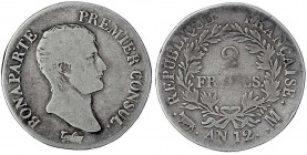 Frankreich
Konsulat unter Napoleon Bonaparte, 1799-1804
2 Francs An 12 = 1804 M, Toulouse. schön, selten. Gadoury 494.