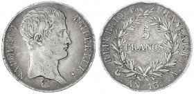 Frankreich
Napoleon I., 1804-1814, 1815
5 Francs An 13 = 1804/1805 A, Paris. fast sehr schön, Randfehler. Gadoury 580.
