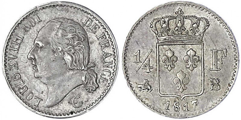 Frankreich
Ludwig XVIII., 1814, 1815-1824
1/4 Franc 1817 B, Rouen. sehr schön,...
