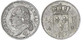 Frankreich
Ludwig XVIII., 1814, 1815-1824
1/4 Franc 1817 B, Rouen. sehr schön, schöne Patina. Gadoury 352.
