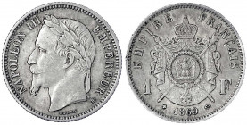 Frankreich
Napoleon III., 1852-1870
1 Franc 1869 BB, Strassburg. vorzüglich, kl. Randfehler. Gadoury 463.