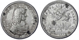 Frankreich-Lothringen
Karl IV., zweite Regierung, 1659-1670
Silbermedaille 1660 von H.F. Brb. r./Fama über Stadtansicht von Nancy. 19 mm; 3,59 g. se...