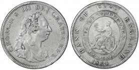 Grossbritannien
George III., 1760-1820
5 Shillings = Dollar Bank Token 1804. fast sehr schön. Seaby 3768.