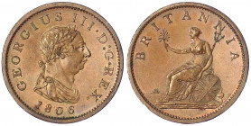 Grossbritannien
George III., 1760-1820
Kupfer-Penny 1806. vorzüglich/Stempelglanz. Seaby 3780.