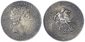 Grossbritannien
George III., 1760-1820
Crown 1818, Anno Regni LIX. kl. Henkelspur, sonst sehr schön/vorzüglich, schöne Patina. Seaby 3787.