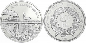 Schweizerische Eidgenossenschaft
Schützentaler Silber zu 50 Franken 2011, Uri. In Kapsel und mit Zertifikat. Auflage nur 1500 Ex. Polierte Platte, se...
