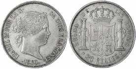 Spanien
Isabel II., 1833-1868
20 Reales 1860. 7-strahliger Stern, Sevilla. sehr schön/vorzüglich, kl. Kratzer und Randfehler. Calicó 198.