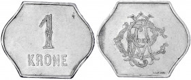 Südgeorgien und die südlichen Sandwichinseln
1 Krone Aluminium o.J.(1908/1914) Walfang-Token der Compania Argentina. 40 X 32 mm. Stempel von C. y AF....