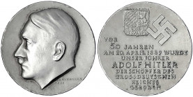 Drittes Reich
Silbermedaille 1939, signiert Krischker, auf den 50. Geburtstag Adolf Hitlers, Randpunze "835 PR MÜNZE BERLIN", Kopf Hitlers n.l./Haken...