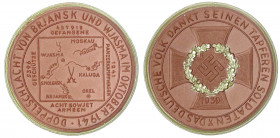 Drittes Reich
Porzellanmedaille Doppelschlacht von Brjansk u. Wjasma 1941, braun, Rand und Eichenlaub grün. 50 mm. prägefrisch. Scheuch 1876i.