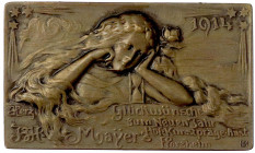 Erotik
Einseitige, rechteckige Bronzeplakette 1914. Glückwunsch zum neuen Jahr, B.H. Mayer Hof-Kunstprägeanstalt Pforzheim. 55 X 33 mm. vorzüglich. S...
