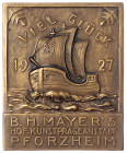Kalendermedaillen
Einseitige, rechteckige Bronzeplakette 1927. Glückwunsch zum neuen Jahr, B.H. Mayer Hof-Kunstprägeanstalt Pforzheim. Segelschiff. 4...