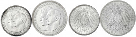 Anhalt
Friedrich II., 1904-1918
2 Stück: 3 und 5 Mark 1914 A. Silberne Hochzeit. fast Stempelglanz und vorzüglich. Jaeger 24, 25.