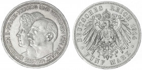 Anhalt
Friedrich II., 1904-1918
5 Mark 1914 A. Silberne Hochzeit. vorzüglich. Jaeger 25.