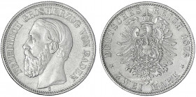 Baden
Friedrich I., 1856-1907
2 Mark 1876 G. vorzüglich. Jaeger 26.
