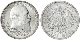 Baden
Friedrich I., 1856-1907
5 Mark 1902. 50 jähriges Regierungsjubiläum. fast Stempelglanz. Jaeger 31.