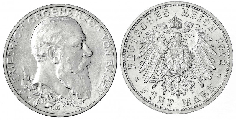 Baden
Friedrich I., 1856-1907
5 Mark 1902. 50 jähriges Regierungsjubiläum. prä...